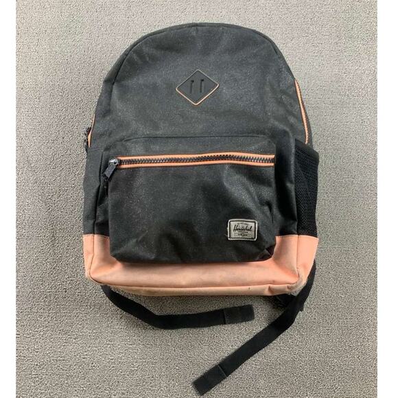 Herschel Backpack Unisex Black Pink Logo Patch Pocket Multi Pocket Zip Closure - Picture 1 of 10